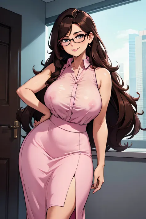 absurdres, high res, ultrasharp, 8K, masterpiece, 1girl, long hair, sensual look, sultry smile, dark brown hair, curvy huge breasts, glasses, secretary outfit, big , sleeveless buttoned-up pink blouse, formal look, beige
 Long skirt, see through, no sleeve...