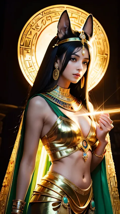 "Create an ultra-realistic depiction of Anubis reimagined as a powerful and elegant woman while retaining key features that make Anubis recognizable: The female Anubis has a black jackal head with long, pointed ears. Her eyes are a striking golden or emera...