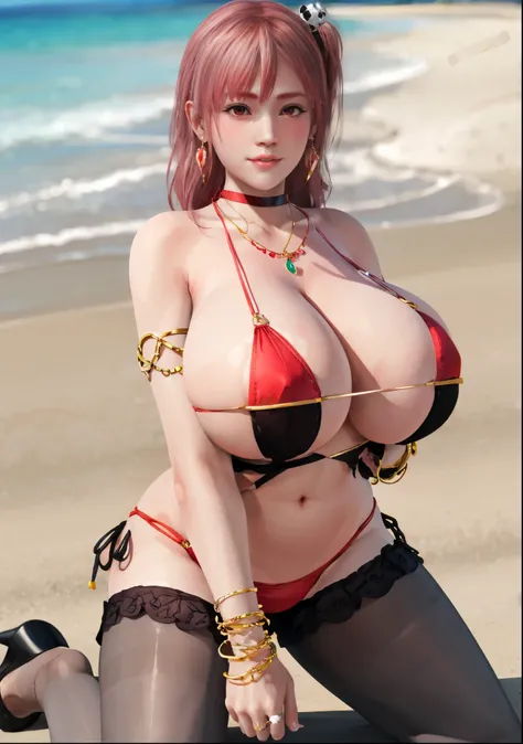 honoka,  bracelet，ring, university student，Pink Hair，Huge breasts，Cleavage，Low-cut，pantyhose，cute，necklace，earrings，beach，Unrestrained，debauchery，Prostitution，whore，Red lips，miniskirt，mini bikini，rope bikini