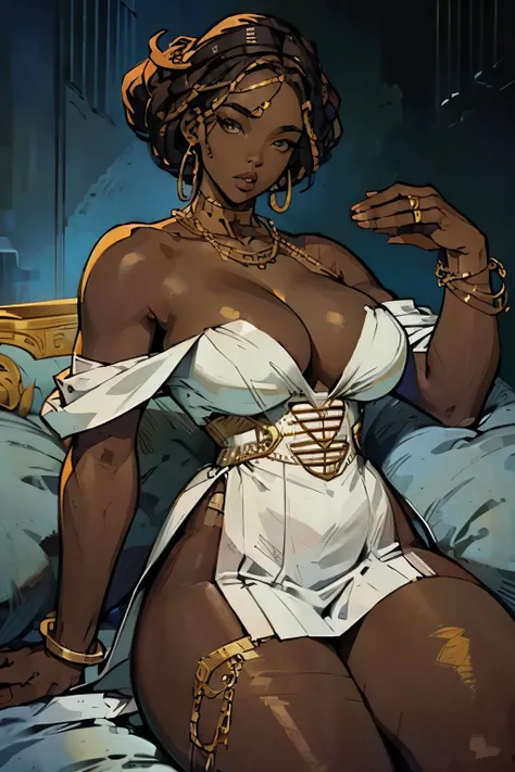 Black woman sexy breasts big body athletic sneakers Nike cap white gold chain around neck sitting with open leg showing crotch A voluptuous African woman