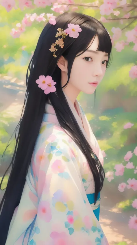 Beautiful adult woman, 22 years old、Watercolor、An illustration、Photographed from the front、Close-up of face、Shooting with a wide-angle lens、solo、One person、kimono、clear、Black Hair、Japanese、Upper Body、Masterpiece、Highest quality