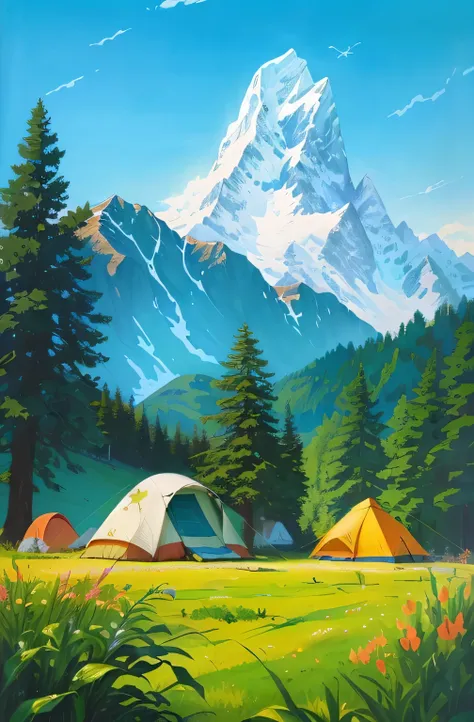 The painting depicts a tent，Located in the field，Mountains in the background。, author：Armin Baumgarten, Yuruying, Detailed scenery —width 672, anime Yuruying, author：rainer hosch, author Ulrich Leman, author：Kentaro Miura, Anime Landscape Concept Art, camp...