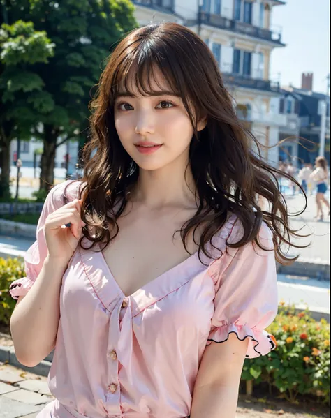 best quality, 1girl, (skindentation), (large breast), (day),  bright, blur background, outdoor, (street:0.6), (people, crowds:1), (wavy hair:1.5), (blouse:1.5), gorgeous, (floating hair:1.5), (dynamic pose:0.8), soft lighting, wind,  garden,