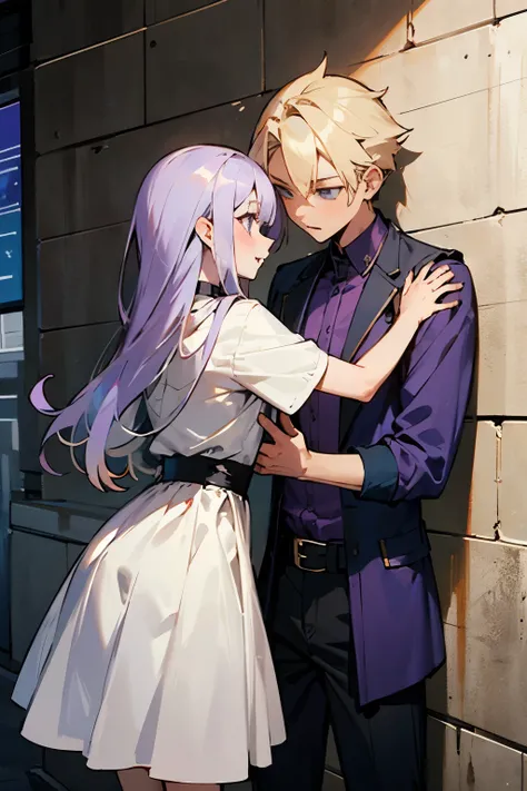 Boy with silver blonde hair cornering a girl with purple hair against a wall with one arm. 