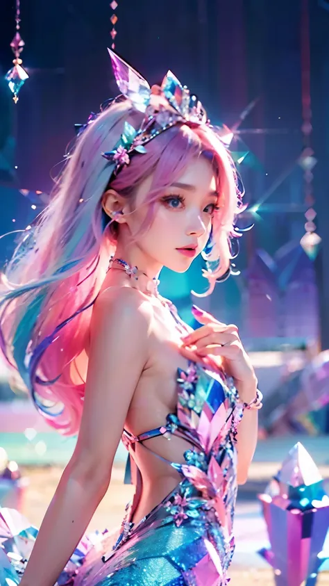 Highest quality,masterpiece,16K,One person, bangs, Exposing shoulders, chest, Crown, crystallization, dress, From the side, gem,Colorful crystallizations,Crystal Headwear,There are many crystallizations on the clothes,Colorful Gradient Hair,カラフルなdress,Colo...