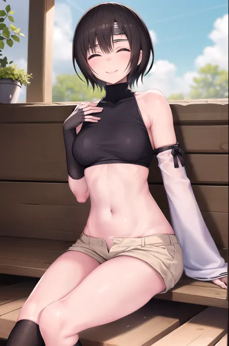 yuffiekisaragi, Yuffie Kisaragi,Haircuts, pixie cut,
壊す crop top, fingerless gloves, fishnet Thighhighs, fishnet, forehead protector, gloves, head band, belly button, short shorts, shorts, single sleeve, single thigh high, No sleeve, No sleeve turtleneck, ...