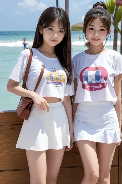 Two girls (20 years old, Japanese cute face) are wearing white Tshirts, mini skirt at the beach bar