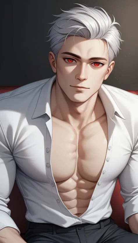 best quality, masterpiece, hyper realistic, extremely detailed, close up of extremely handsome, masculine male, 35 year old korean man, slim build, very lightly muscled, looks exactly like Sylus Qinche from "love and deepspace", bright red eyes and high mi...