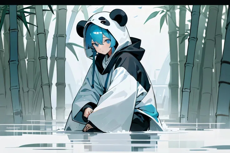 1 boy, about 20 years old, panda kigurumi with panda ear hood, looking down, positioned towards the right, facing left, ink wash painting, black and white, light blue hair, cool, Japanese style, bamboo in the background