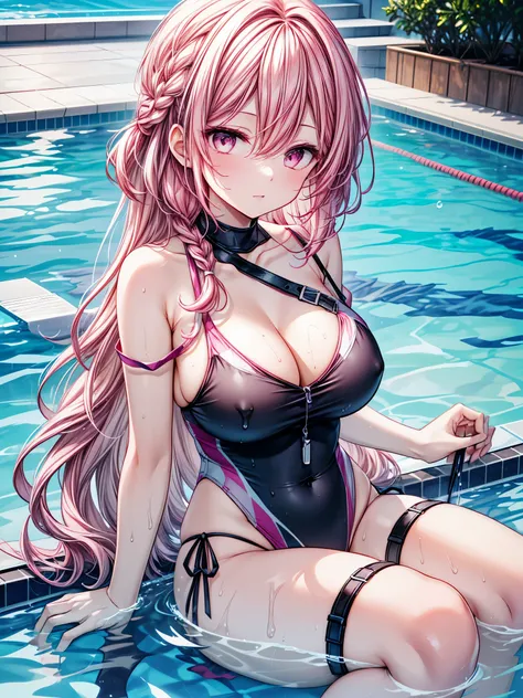 masterpiece, best quality, 1 girl, solo, large breasts, pink eyes, hairs between eyes, crossed bangs, pink hair, braid hair, pool, in the pool, (wet:1.1), water drops, one-piece swimsuit, (strap slip:1.3)