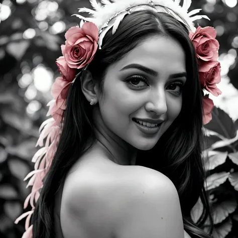 fuck Kiara Advani, perfect laughing,all nude, good ass, body Complete wearing a feathered headdress and strawberry in your hand, surrounded by lush greenery and garden roses red , highly detailed, anthropomorphic quality, soft natural light, shot with a Ca...