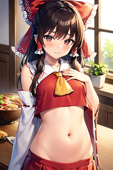 super fine illustration, vibrant colors, masterpiece, sharp focus, best quality, depth of field, cinematic lighting, ultra detailed, belly button, bellybutton, navel, tummy, shrine maiden, hakurei reimu, 1girl, hair bow, ascot, hair tubes, detached sleeves...