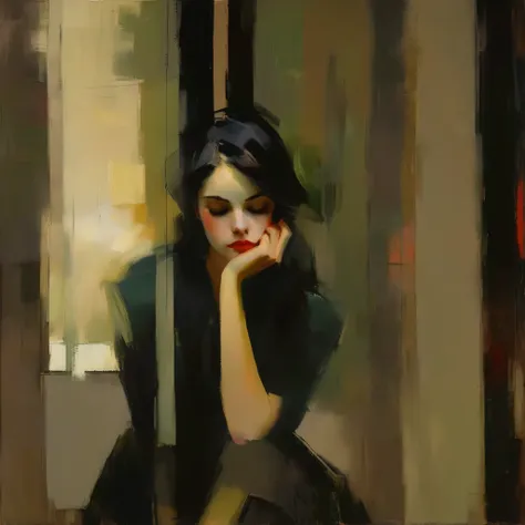 create an evocative oil painting inspired by malcolm liepke, based on the provided image. capture the intense, introspective exp...