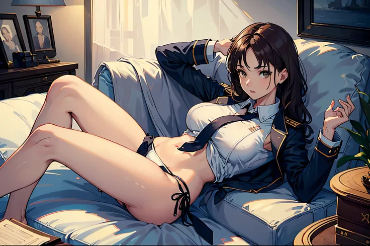 masterpiece, (Perfect Anatomy:1.5), highest quality, 1 lady , slender, leggy, small breasts, Seductive, brown hair, (wear a white long sleeved shirt, tie, navy officer jacket:1.5), white bikini pantie , barefoot, Perfect hands, Perfect body, reclining, lyi...