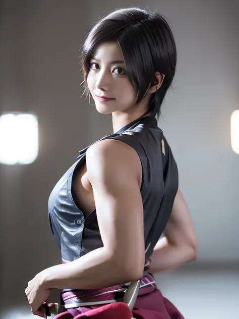 20 year old Japanese beauty，One woman、Muscular body like a bodybuilder、Emphasize the breasts、Slit eyes、A head-to-toe view，Bust is very very large、The background is a medieval European kitchen、High quality photos、Clear, crisp images of the lower body、Master...