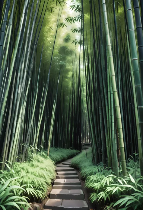 大bamboo forest, 隐藏在石窟中的大片茂密bamboo forest, bamboo forest, green and black color scheme only, green and black colors only, green a...