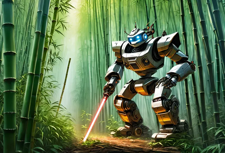 A metallic robot (obviously mechanical, dressed like a poor Chinese worker) is wandering through a dense bamboo forest, cutting and collecting Bamboo poles using a laser sword
