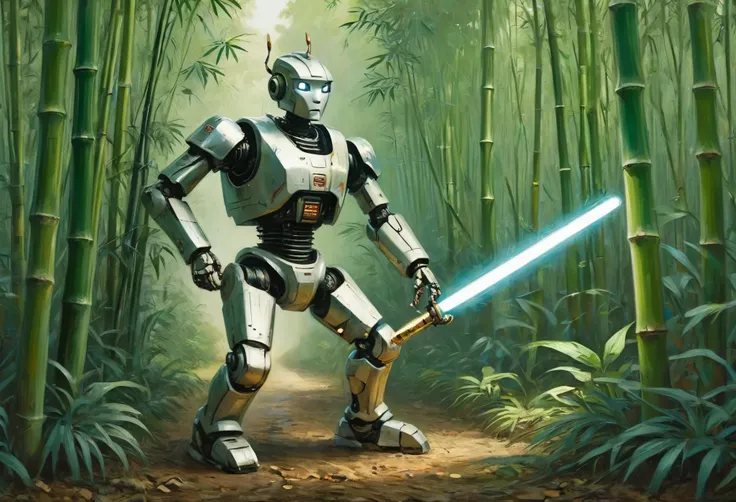 A metallic robot (obviously mechanical, dressed like a poor Chinese worker) is wandering through a dense bamboo forest, cutting and collecting Bamboo poles using a laser sword
