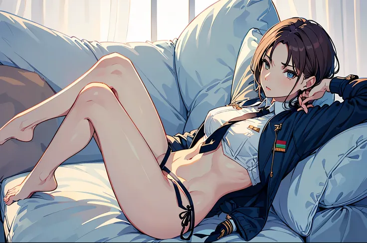 masterpiece, (Perfect Anatomy:1.5), highest quality, 1 lady , slender, leggy, (((small breasts))), Seductive, brown hair, short hair,  (wear a white long sleeved shirt, tie, navy officer jacket:1.5), white bikini pantie , barefoot, Perfect hands, Perfect b...