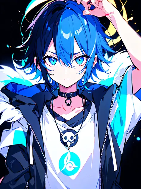 [(BLACK BACKGROUND:1.5),::5], ((((masterpiece)))), high quality, ultra very high resolution, full color, (((solo))), ((little boy)), BLACK short hair, ((Blue streaked hair)), (oriental deepblue eyes), anime, ((upper body)), Summer clothes, neon light, blac...