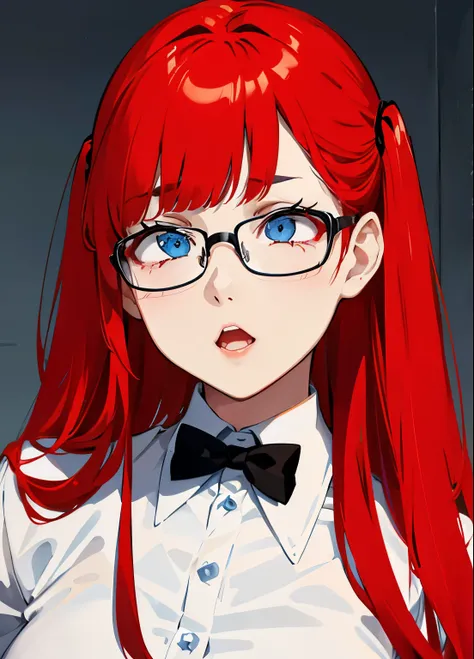 Glasses、Bright Red Hair、Blue Eyes、Twin tails、Hair between the eyebrows、Straight Hair、blunt bangs、White shirt、White shirt、Black bow tie、Big Breasts、super fine illustration,(((beautiful fine hair))),(((beautiful fine face))),(((beautiful fine background))),