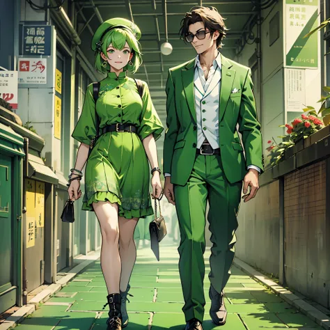 Imagine an MBTI advocate.、A man and woman in green outfits having fun。Stylish and cool atmosphere。