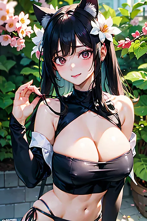 Masterpiece， The best quality at the best.， 1 girl， Hinata Hyuga， big breasts， Off-shoulder clothes， sexy servant， Is shy， smile， with black hair， long black hair， （White gray eyeballs:1.4）， forehead protection， cherry trees， Flying cherry blossoms， gray c...