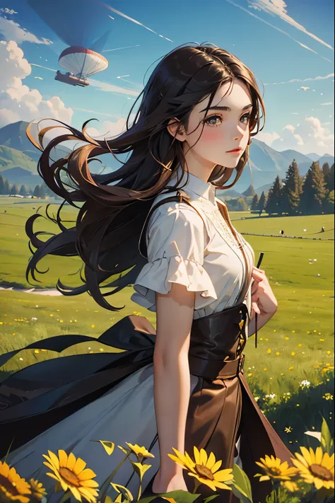 master piece, 18 years old, young girl, dark brown long hair, posing in front of full view of airship floating. meadow with moun...