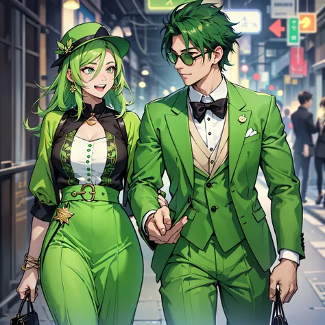 Imagine an MBTI advocate.、A man and woman in green outfits having fun。Stylish and cool atmosphere。