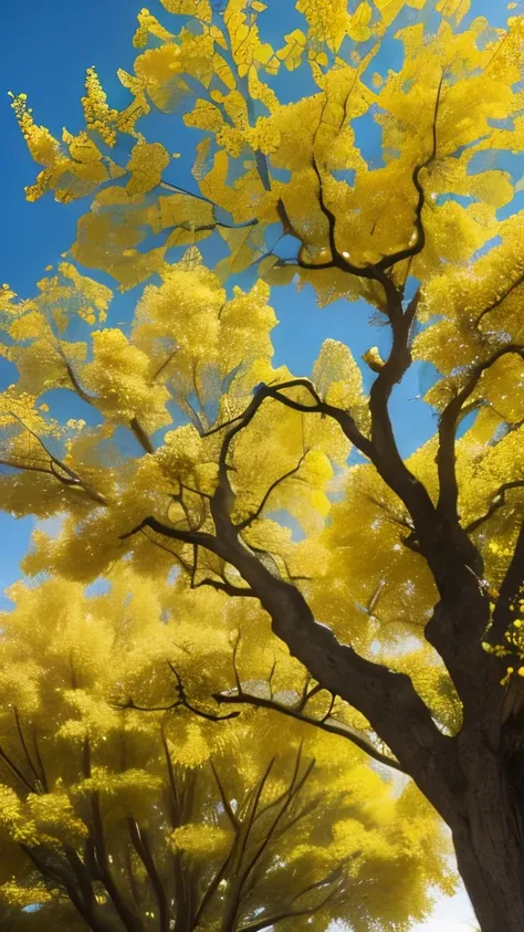 yellow flowers on a tree in a garden with rocks and trees, with yellow flowers around it, shades of gold display naturally, vibrant but dreary gold, golden sacred tree, yellow and greens, by rainer hosch, flowering vines, detailed trees in bloom, by Armin ...