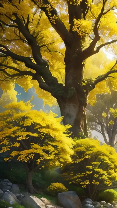 yellow flowers on a tree in a garden with rocks and trees, with yellow flowers around it, shades of gold display naturally, vibrant but dreary gold, golden sacred tree, yellow and greens, by rainer hosch, flowering vines, detailed trees in bloom, by Armin ...