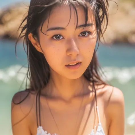 8k, highest quality, masterpiece, super high resolution, (realistic:1.4), RAW Photos, (Film Grain:1.3), One Girl, portrait of a skinny Japanese woman, 30 years old, standing on the beach, a cute face, detailed face, detailed eyes, {short|long} hair, correc...