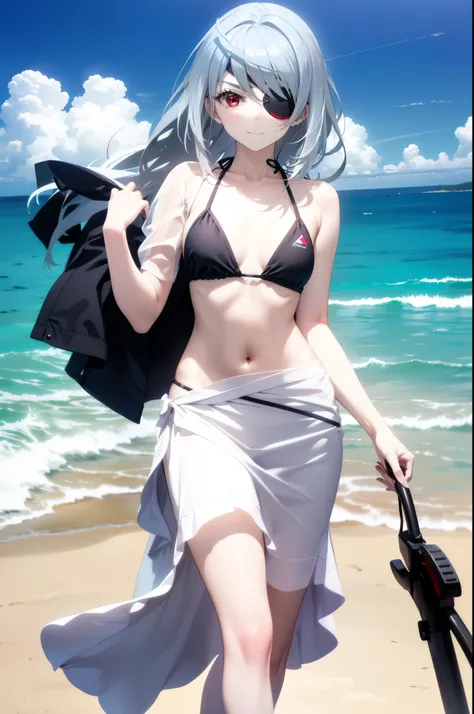 Laurabodewig, Laura Bodewig, Long Hair, (Red eyes:1.3), Grey Hair, Eye patch,smile,Black string bikini swimsuit,Belly button,abdomen,A thin long skirt is wrapped around her waist,With a holster strapped to her leg,Strolling on the sandy beach,Walking,whole...