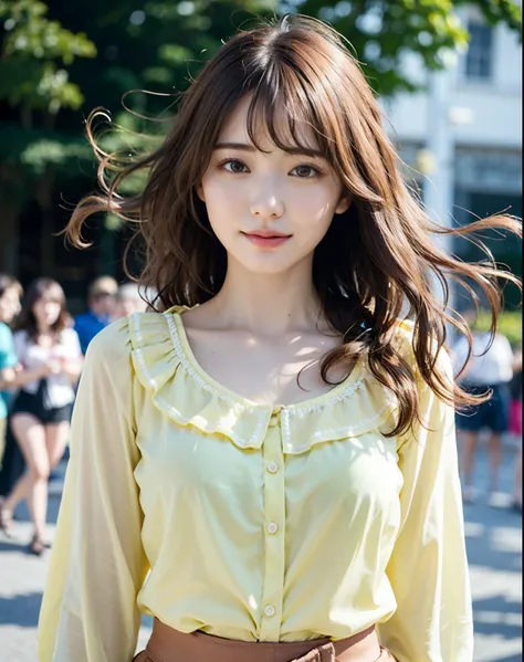 best quality, 1girl, (skindentation), (large breast), (day),  bright, blur background, outdoor, (street:0.6), (people, crowds:1), (wavy hair:1.5), (blouse:1.5), gorgeous, (floating hair:1.5), (dynamic pose:0.8), soft lighting, wind,  garden,