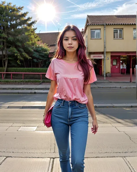 a vision flow of a beautiful woman walking down a street, her pink t-shirt and faded blue jeans illuminated by the sun, a red ca...