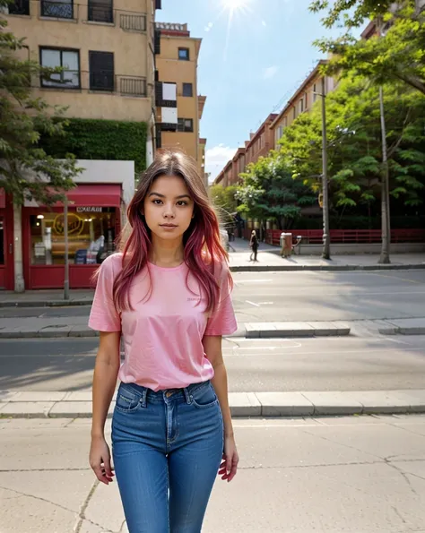 a vision flow of a beautiful woman walking down a street, her pink t-shirt and faded blue jeans illuminated by the sun, a red ca...