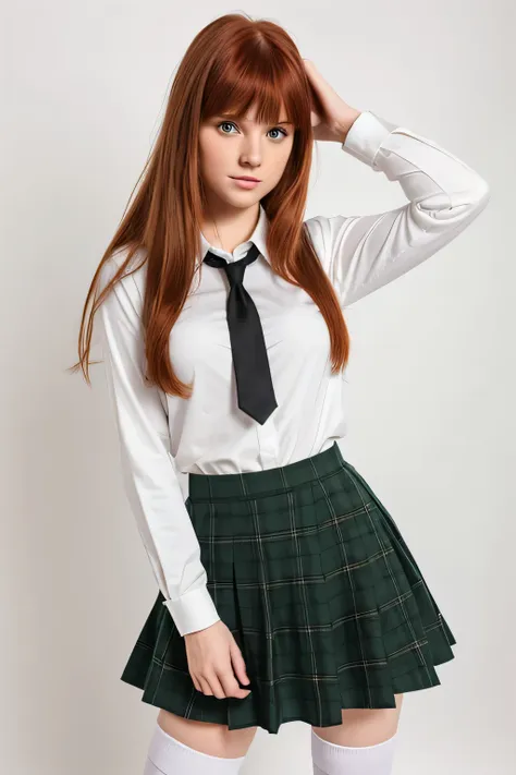 in a photo studio a 25 year old redhead model with long straight hair, bangs on her forehead and green eyes. she is wearing a sc...