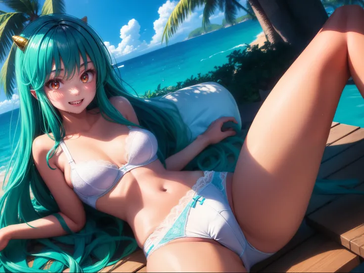 Ram-chan,invader,Very small micro underwear,Face forward and spread your legs wide., Big Ass,Resort Beach, Palm tree,sun, Highest quality, High definition, Orange eyes, Beautiful Eyes, beautiful girl, Big Breasts, blush,（It has two small demon horns on its...