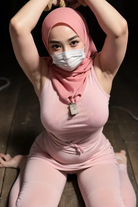 (64k, RAW photo, Close Up, potrait fullbody cute post, masterpiecel1.3, realistic, photo-realistic, best quality, HDR, 30 years old, ((abandoned attic)), ((lightge)), ((knee down hands are tied behind head with rope)), ((show sexy armpit)), ((1 beautiful m...