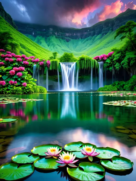 A breathtaking natural scene that captures the serene beauty of a waterfall cascading into a pristine lake surrounded by lush, green mountains. The foreground is adorned with vibrant, colorful water lilies floating gently on the calm water, adding a pop of...