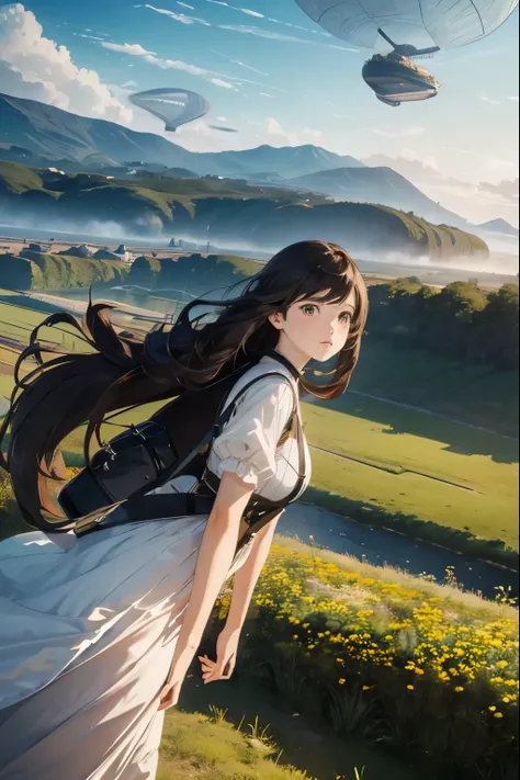 Master piece, 18 years old, young girl, Dark Brown Long hair, posing in front of full view of airship floating, BREAK, (transportation airship flying in the sky:1.4) meadow with mountain background, Beautiful and fantastic scenery Cinematic scenery、 high-q...