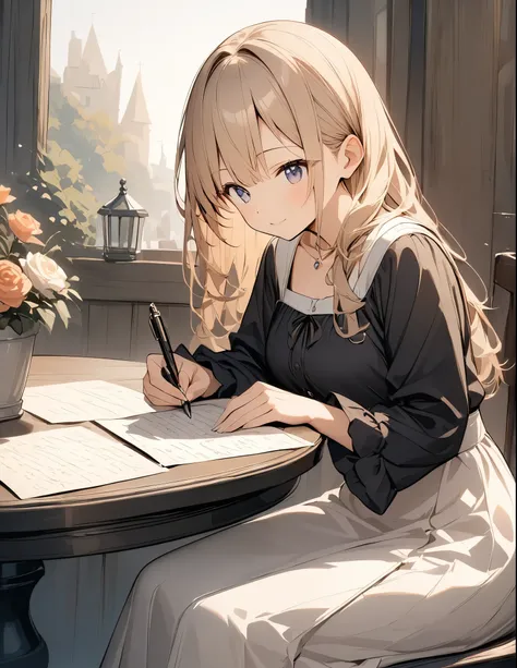 anime、animeスタイル、anime風、((Amazingly absurd)),超High resolution, Attention to detail, high quality, High resolution, 最high quality, 4K, 8k,Sepia、fountain pen、Woman Writing Letters、Medieval European casual wear、dress、A warm piece、A painting style with a blurre...