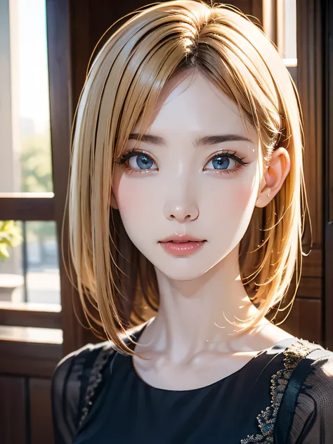 realistic, elegant mature woman, blonde hair, blue eyes, 4k resolution, high quality cg, beautiful cg, soft light, japanese