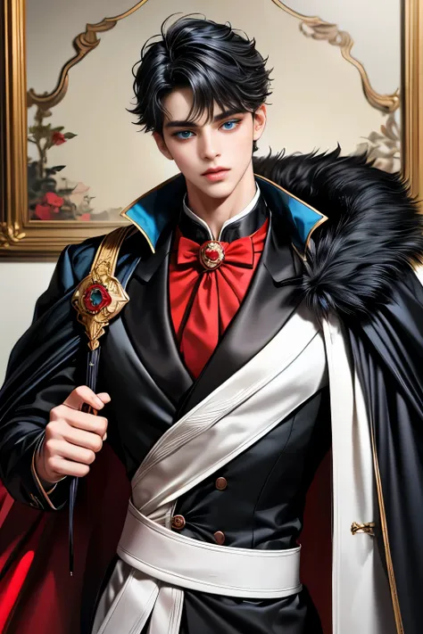 masterpiece, 最high quality, high quality, 1 boy, alone, Male focus, Upper Body,Watching the audience, Messy black hair, Adorable big blue eyes, White, Noble, Noble,A black and red cape that is bursting with sexy volume、Tuxedo、A very voluminous, large, very...