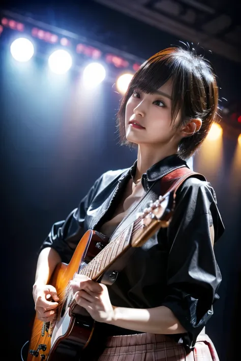 Realistic, photo-realistic, best quality, masterpiece, RAW photo, high resolution, intricate details, extremely detailed, (full body, frontal photography, lower angle view), solo, a 31 years old Japanese woman playing a electric guitar, guitarist, (jacket...