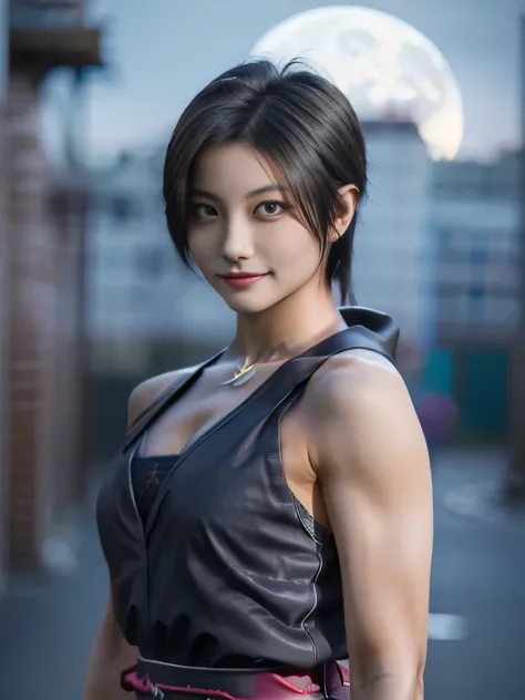 20 year old Japanese beauty，One woman、Muscular body like a bodybuilder、Emphasize the breasts、Slit eyes、A head-to-toe view，Bust is very very large、Full moon night in the background、High quality photos、Clear, crisp images of the lower body、Masterpiece 8k、Smi...