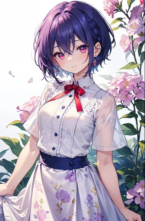 {{masterpiece}}, The best quality of life, 超High resolution, Attention to detail, high quality, High resolution, 最high quality, 4K, 8k,Attention to detail((short indigo hair、Deep blue short hair)Braided Hair) 、 Cute female, 、One woman、(((Crimson Eyes、Red e...