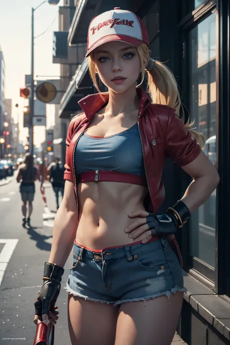 (masterpiece), best quality, expressive eyes, perfect face, high res, (64k), (perfect face), (ultra details), 1 girl, solo, Harley Quinn girl, blonde hair, ponytail, blue eyes, long hair, red short jacket, baseball cap, fingerless gloves, denim shorts, sho...