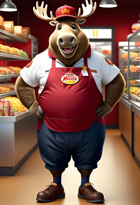  photorealistic portrait of Dressed animals-a ((fat)) (moose) worker,(furry), (elegant pose:1.5), (hands on hips:1.5),(smile:1.5),high quality,(),(lovely) ,intricate details, Wearing fast food shop uniform , (apron and cap), highly detailed ((fast food sho...