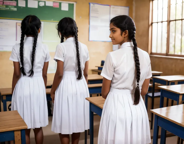 srilankan school girl , wearing white frock and tie, braided hair with plait , in the classroom with four friends , back view , ...